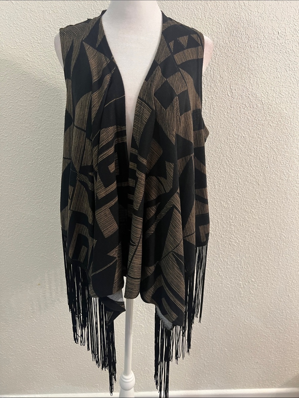 Westbound Black and Brown Geometric Fringe Vest
